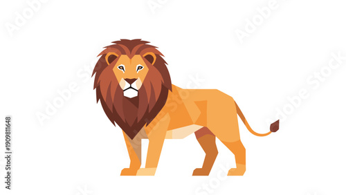 Lion with a large brown mane is depicted in a colorful geometric vector style against a clean white background surface.