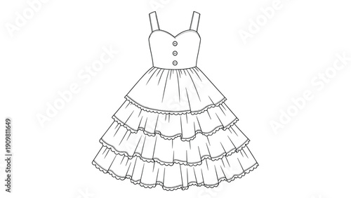 Ruffled tiered dress with thin straps and small buttons is shown in a simple black and white line art fashion sketch.