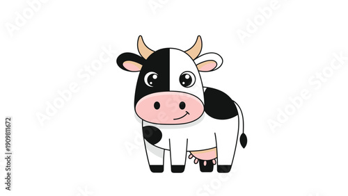 Cute cartoon cow with black spots and a friendly face is shown in a simple and charming illustration for children.
