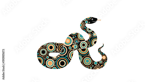Long snake with a decorative pattern of teal and orange circles is illustrated in a unique and artistic wildlife style.