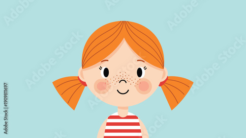 Little girl with red hair in pigtails and freckles on her cheeks is smiling in a sweet and colorful cartoon portrait.