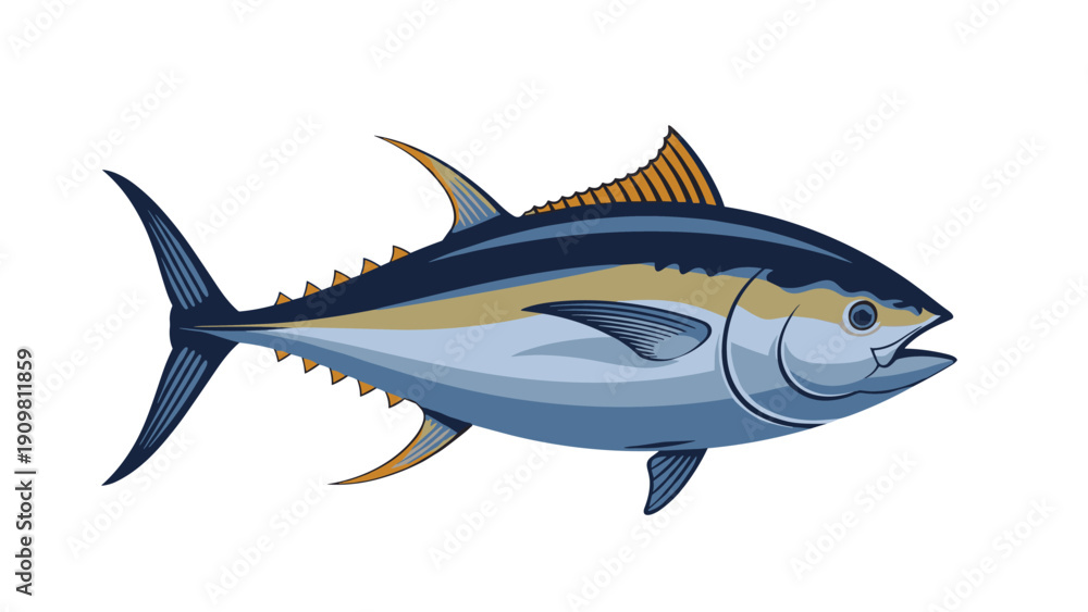 Obraz premium Detailed illustration of a large tuna fish with blue and gold fins is shown swimming in a side profile view against a white backdrop.