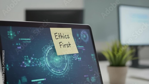Ethics first sticky note laptop digital interface technology office plant reminder emphasizing responsible technology data governance and integrity
