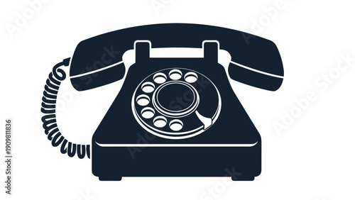 Rotary dial telephone silhouette in dark navy blue illustrates a classic vintage communication device in a bold graphic style.