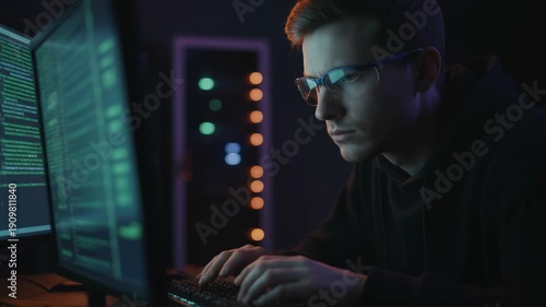 Young developer programmer coder computer monitor screen keyboard focused coding dual monitors dim server room with concentrated determined