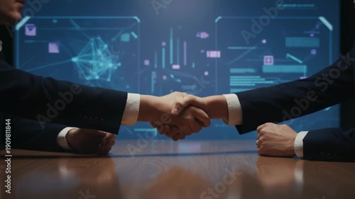 Business handshake meeting agreement between professionals conference table with hands discussing data visualization digital screen during roundtable