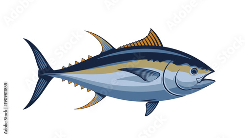 Detailed illustration of a large tuna fish with blue and gold fins is shown swimming in a side profile view against a white backdrop.
