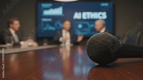 Microphone conference boardroom meeting panel discussion ai ethics presentation close up handheld metal tabletop corporate business speaker
