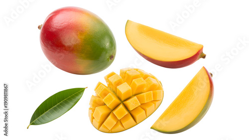 A vibrant display of fresh mango slices and a whole mango with a green leaf on a clean white background