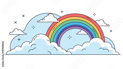 Colorful rainbow arches over fluffy blue and white clouds in a playful cartoon illustration decorated with tiny stars and crosses.