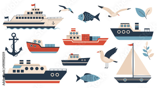 Maritime collection features various ships boats an anchor fish seagulls and leaves in a cohesive nautical illustration.
