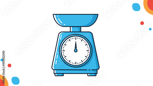 Bright blue kitchen scale with a white dial and black needle is shown as a functional tool for measuring food ingredients.