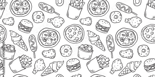 Fast food sketch seamless pattern . Whimsical food doodles, Hand drawn vector illustration for menu, packaging design. Food quirky icons, simple sketch style.	