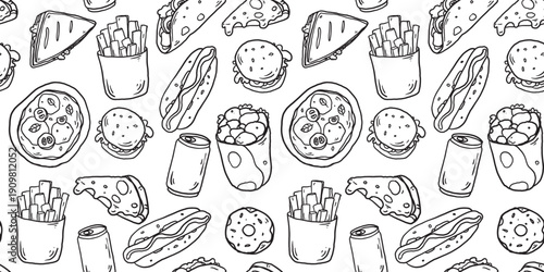 Fast food sketch seamless pattern . Whimsical food doodles, Hand drawn vector illustration for menu, packaging design. Food quirky icons, simple sketch style.	