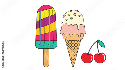 Sweet treats including a colorful striped popsicle a double scoop ice cream cone and two red cherries are shown together.
