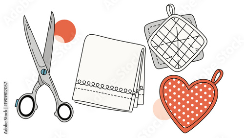 Sewing or kitchen items including scissors a white fabric cloth and two quilted pot holders are shown on a white background.