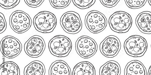 Pizza sketch seamless pattern . Whimsical food doodles, Hand drawn vector illustration for menu, packaging design. Food quirky icons, simple sketch style.	