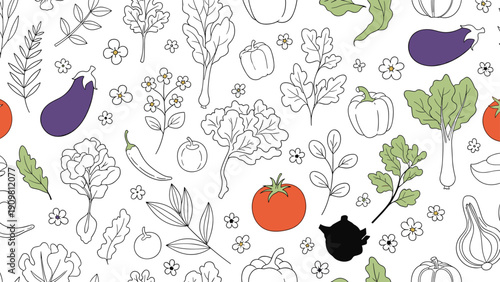 Vegetable seamless pattern includes colorful eggplants tomatoes and peppers with green leaves on a crisp white background.