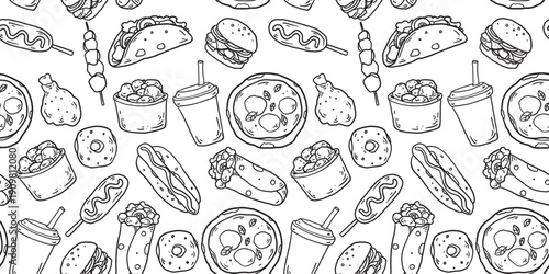 Fast food sketch seamless pattern . Whimsical food doodles, Hand drawn vector illustration for menu, packaging design. Food quirky icons, simple sketch style.	