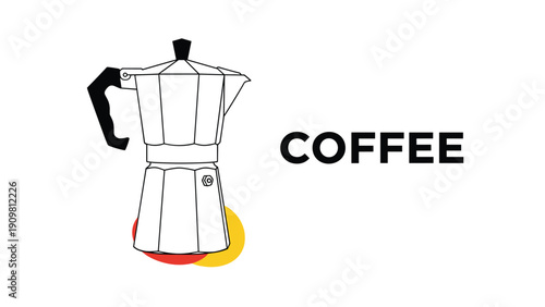 Classic moka pot espresso maker is shown next to the word coffee in a bold font with bright red and yellow accents.