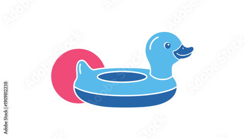 Blue inflatable rubber duck floaty positioned on a clean white background with a large pink sun icon placed directly behind it.