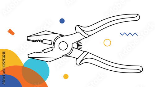 Minimalist black line drawing of a pair of pliers tool surrounded by colorful abstract geometric shapes on a plain white background.