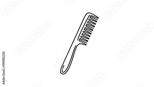 Diagonal line drawing of a single hair comb tool with fine teeth used for grooming and beauty concepts on a minimalist white surface.