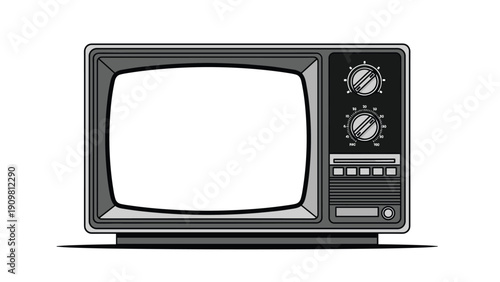 Vintage style illustration of an old retro television set in grayscale featuring tuning knobs and a rounded tube screen display.