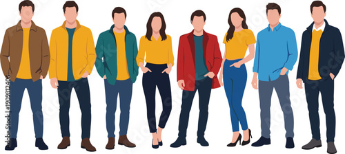 Minimalist Faceless Group Portrait of Young Men and Women in Colorful Casual Outfits Standing Together on White Background