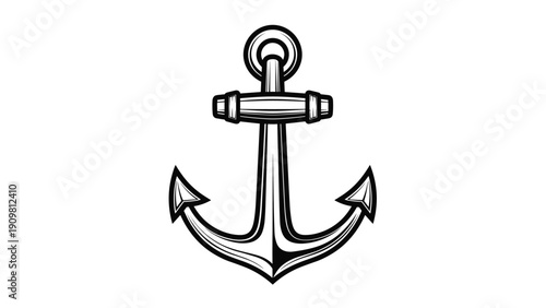 Black and white graphic illustration of a heavy metal ship anchor with textured detailing used for maritime and nautical themes.
