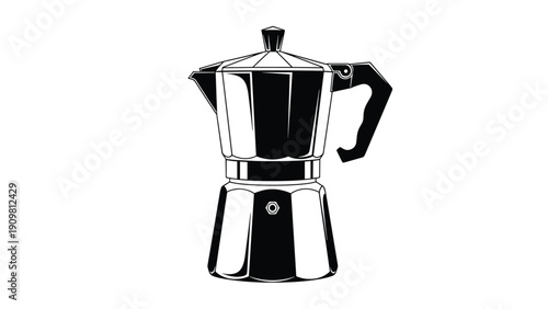 Iconic black and white illustration of a classic Italian moka pot coffee maker used for brewing espresso on a stovetop at home.