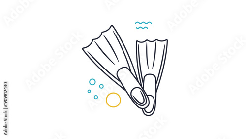 Pair of black diving flippers or swim fins surrounded by blue bubbles and wavy water lines representing snorkeling and scuba diving.