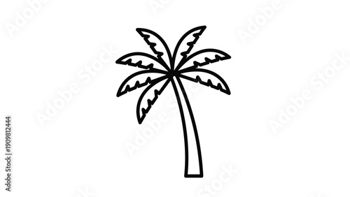 Simple black line drawing of a single palm tree with several fanning leaves representing tropical islands, beaches, and vacations.