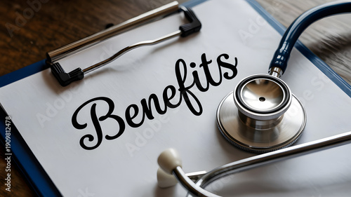 Medical benefits document with stethoscope on clipboard representing healthcare services and employee benefits programs offered by medical professionals.
