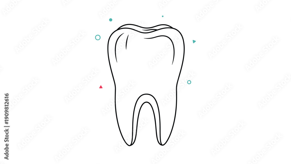 Obraz premium Clean black line drawing of a human molar tooth surrounded by small colorful geometric shapes for dental and oral health care.