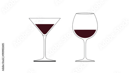 Minimalist line drawings of two different glasses including a martini and a wine glass partially filled with dark red liquid.