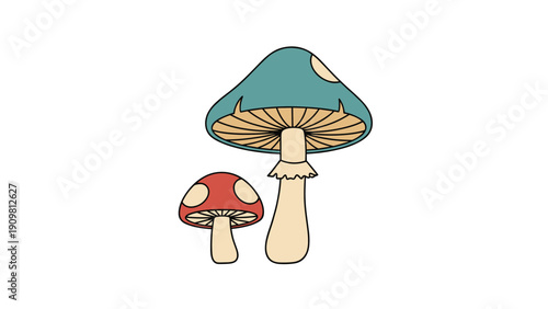 Natural forest illustration featuring two mushrooms with one large blue cap and one smaller red cap with white spots on top.
