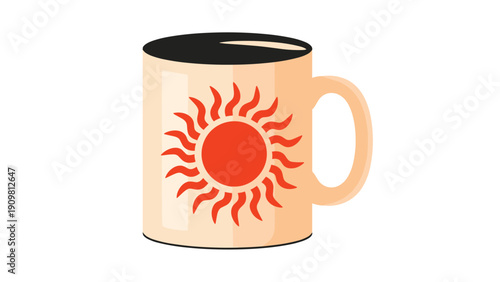 Ceramic mug featuring a bright orange sun graphic filled with dark coffee provides a cheerful start to the morning.