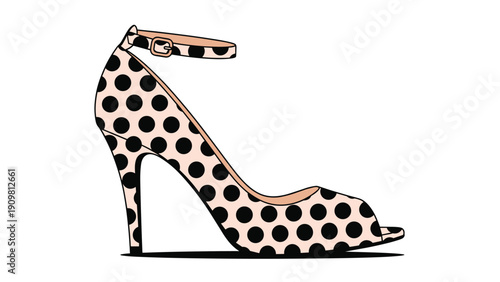 Elegant pink high-heeled shoe with black polka dots and a delicate ankle strap shown in a side profile view.