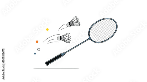 Professional badminton racket with shuttlecocks depicted in motion against a clean white background for sports themes.