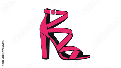 Vibrant pink strappy high-heeled sandal with multiple buckles and a thick block heel for a bold fashion statement.
