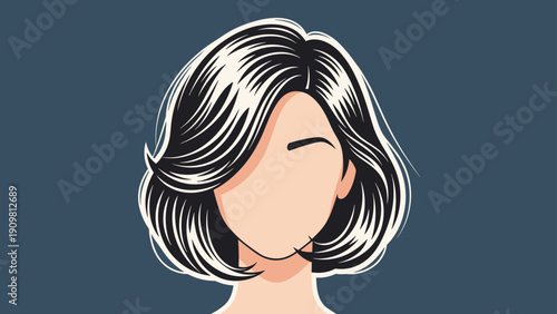 Stylized portrait of a woman with a trendy short bob hairstyle featuring black and white highlights on dark blue.