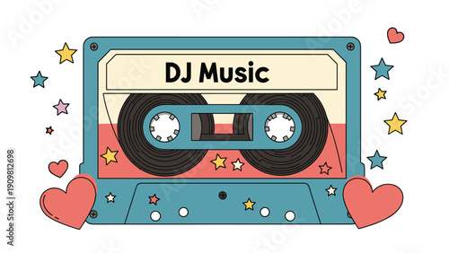 Teal vintage cassette tape labeled DJ Music decorated with colorful hearts and stars in a nostalgic retro style.