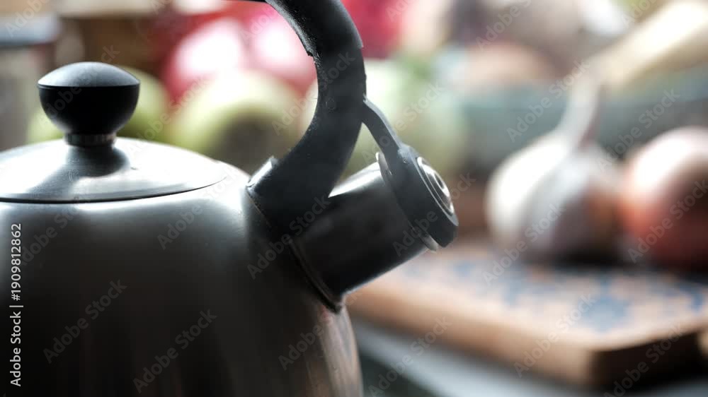 Whistling Kettle Boiling Water with Steam, close-up 4K shot of a metal ...