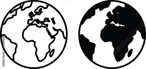 Simple black and white illustration of the earth from different perspectives.