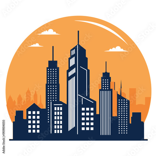Vector illustration of a dark city skyline silhouette featuring urban skyscrapers and business buildings against a night sky landscape design