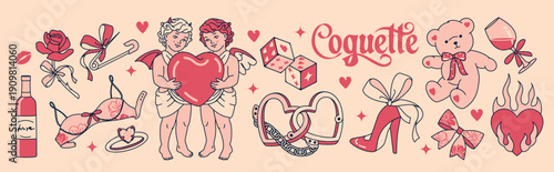 Naughty Valentine's aesthetic kit of graphic clip art elements. Includes mischief angels with a big heart, a female bra, champagne, and a sweet pink teddy bear.