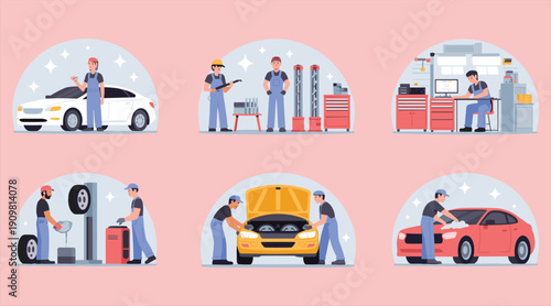 Professional auto mechanics repairing maintaining and diagnosing modern vehicles using advanced tools in automotive service