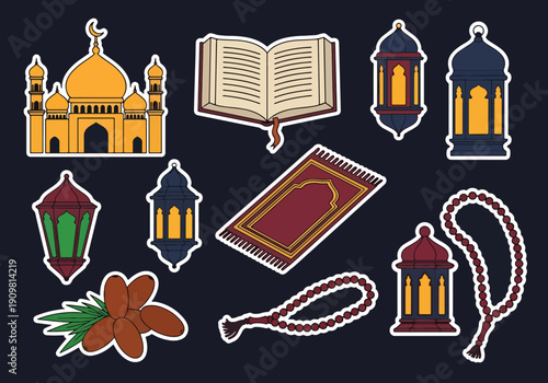 Flat vector illustration set of Ramadan and Islamic elements stickers including mosque, Quran, lantern, prayer mat, dates, and tasbih beads, representing holy month worship, faith, fasting