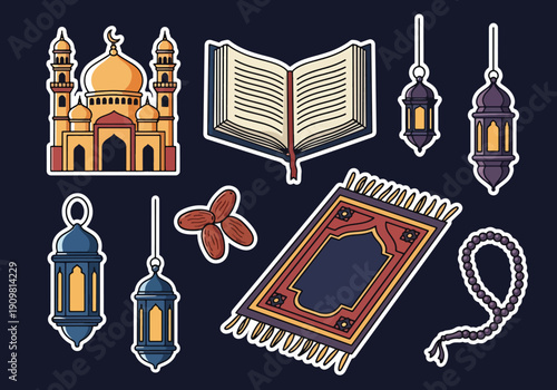 Flat vector illustration set of Ramadan and Islamic elements stickers including mosque, Quran, lantern, prayer mat, dates, and tasbih beads, representing holy month worship, faith, fasting